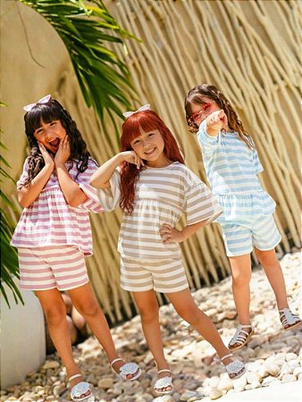 Conjunto Infantil Feminino Listrado Blusa Bufante E Short com Cós Elástico