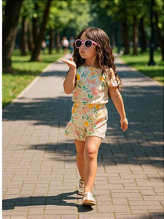 Conjunto Infantil Verão Feminino Pássaros Candy Camiseta com Babado + Short com Cós Elástico