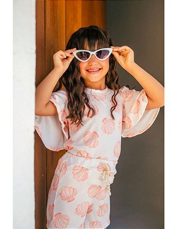 Conjunto Infantil Verão Feminino Conchas Camiseta Bufante+ Short Elástico Para Meninas