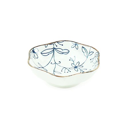 Mini Bowl de Cerâmica Sextavado Flores Azul e Branco