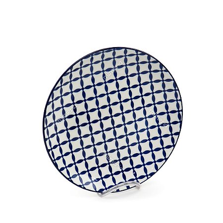 Prato Raso em Porcelana Decorativo Geométrico Azul e Branco