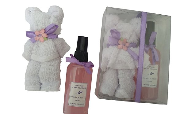 lembrancinha Ursinho de toalha com mini spray perfumado na caixa