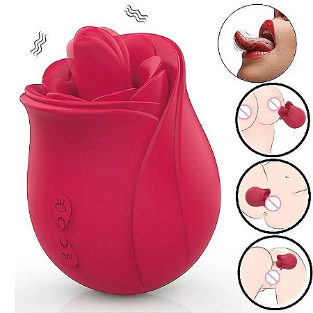 VIBRADOR DE CLITÓRIS EM FORMATO DE ROSA COM LÍNGUA ESTIMULADORA