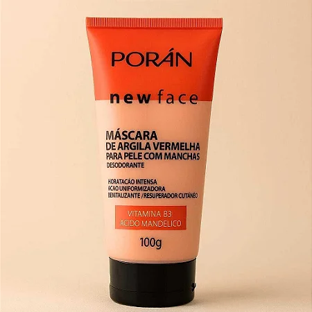 Máscara Facial Porán New Face: Argila Vermelha + Ácido Mandélico – Clareadora e Revitalizante 100g