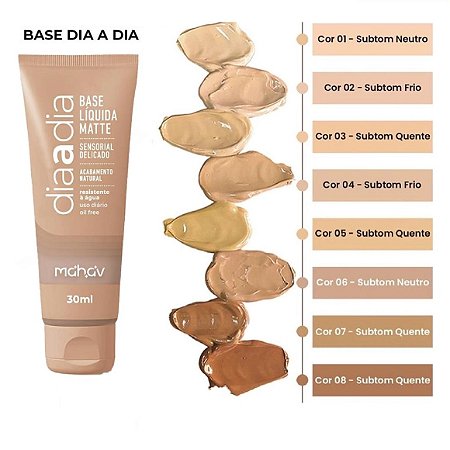 BASE LIQUIDA MATTE DIA A DIA MAHAV PALETA 01 AO 08.