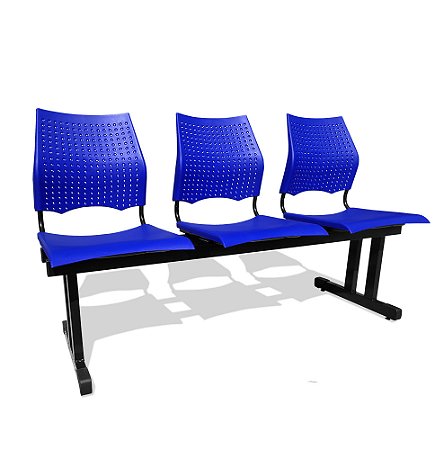 Longarina 3 Lugares Versat Assento Encosto Plástico Coluna Dupla Para Recepção Escritório Azul