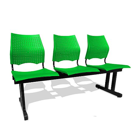 Longarina 3 Lugares Versat Assento Encosto Plástico Coluna Dupla Para Recepção Escritório Verde