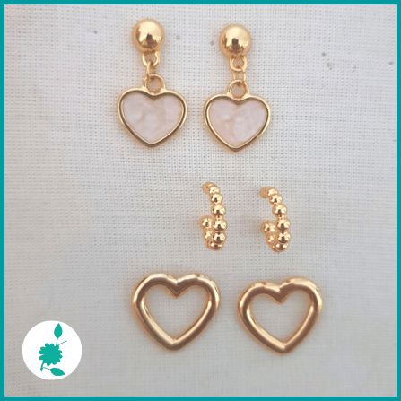 Brincos Dourados Coração Madrepérola e Argolinha