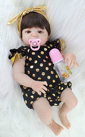 Pronta Entrega - Bebê reborn menina 100% silicone 55cm macacão ouro