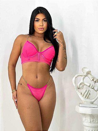 Conjunto Tule com corrente Rosa neon