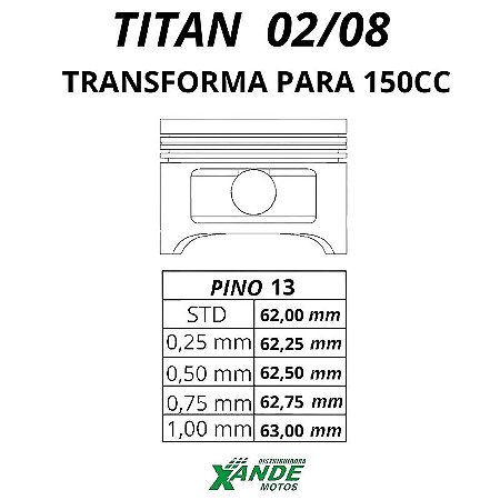 PISTAO KIT TITAN 125 2002-2004 / FAN 125 2005-08 [TRANSFORMA P/ 150CC]VINI 0,50