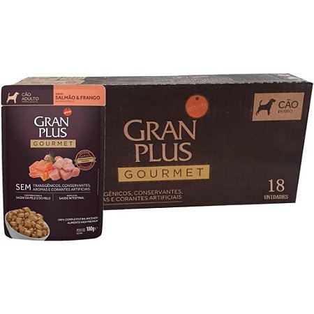 Gran Plus Caixa Fechada Com 18 Sachês Gourmet Cão Adulto 100g Cada Ovelha ou Salmão e Frango