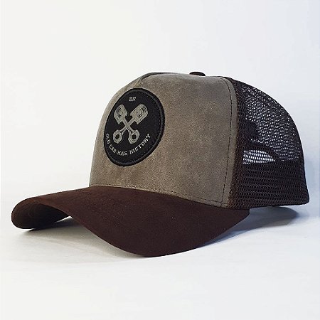 Boné Trucker Old Car - Cinza e marrom camurça