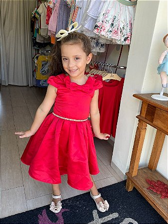 Vestido Manga Curta Petit Cherie Infantil Fem Cetim Laço Vermelho