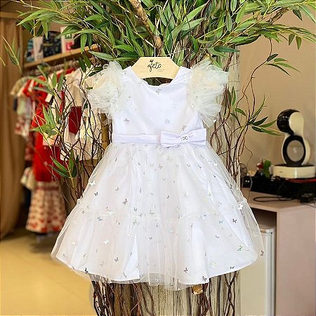 Vestido Manga Curta Petit Cherie Infantil Fem Tule Borboletas Branco