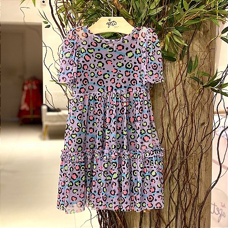 Vestido Manga Curta Petit Cherie Infantil Fem Animal Print Tela Roxo
