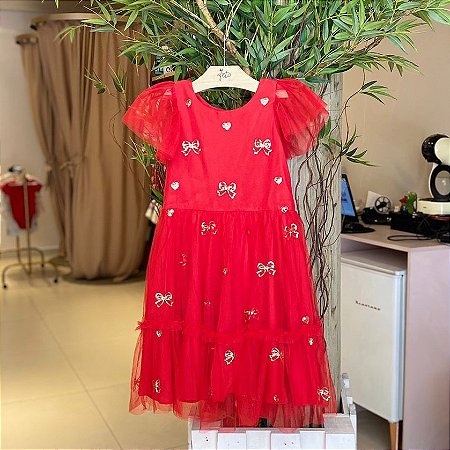 Vestido Manga Curta Petit Cherie Infantil Fem Tule Paete Vermelho