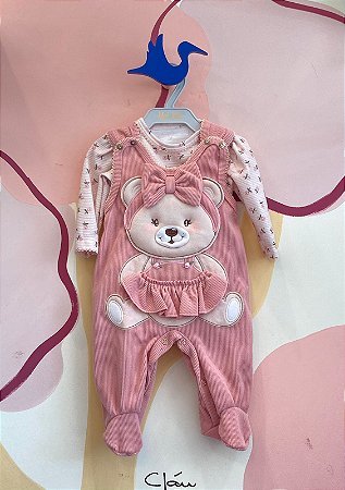 Macacao Manga Longa Upi Uli Infantil Fem Jardineira C/ Body Ursa Rose