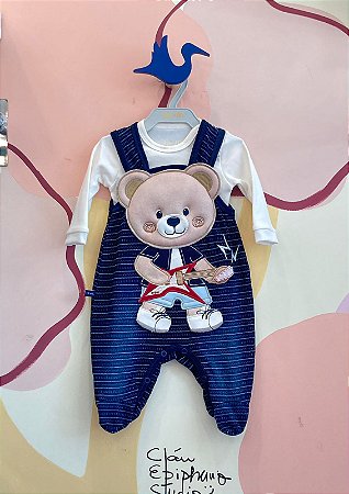 Macacao Manga Longa Upi Uli Infantil Masc Jardineira C/ Body Rock Marinho/Off White
