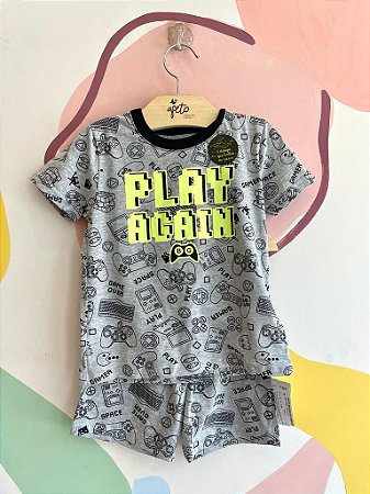 Pijama Manga Curta Shorts Bograntex Infantil Masc Play Again Cinza/Preto
