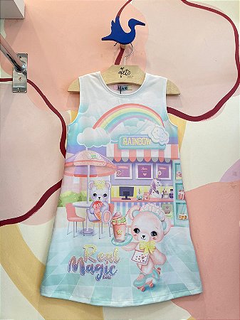 Vestido Manga Curta Kukie Infantil Fem Ursinha Arco Iris Verde/Salmon