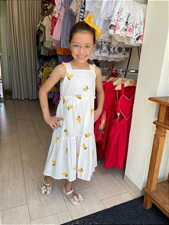 Vestido Regata Momi Infantil Fem Limoes Branco/Amarelo