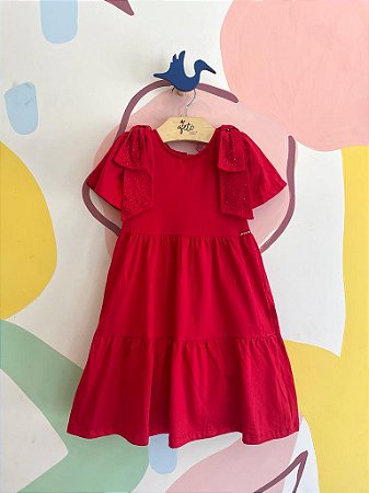 Vestido Manga Curta Momi Infantil Fem Midi Laco Ombro Strass Vermelho