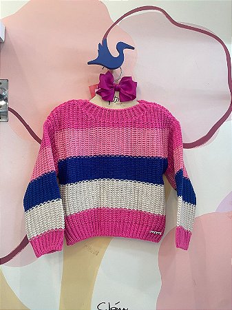 Blusa manga longa menina Momi Trico Listrado Rosa/Azul