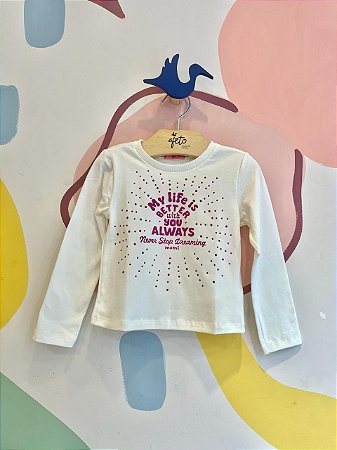 Blusa manga longa menina Momi Strass My Life Is Better Off White