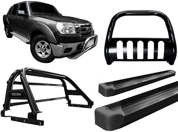 Kit Quebra Mato Estribo Plataforma Santo Antônio Ranger 97 a 12 Preto