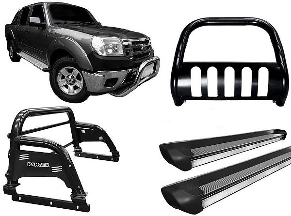Kit Quebra Mato Estribo Personalizado Santo Antônio H3 Ranger 97/12 Preto