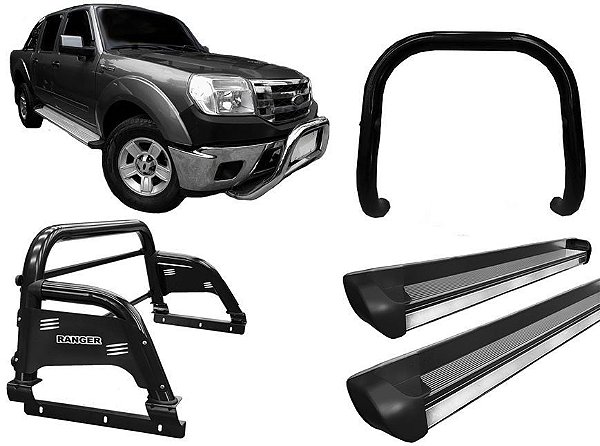 Kit Quebra Mato Estribo Personalizado Santo Antônio H3 Ranger 97/12 Preto