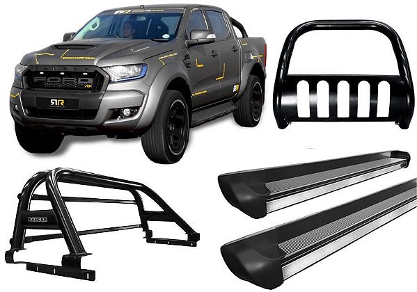Kit Quebra Mato Estribo Personalizado Santo Antônio H3 Ranger 13/20 Preto