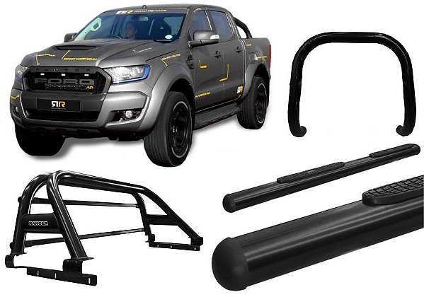Kit Quebra Mato Estribo Oval Santo Antônio H3 Ranger 13/20 Preto