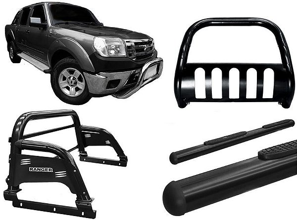 Kit Quebra Mato Estribo Oval Santo Antônio H3 Ranger 97/12 Preto