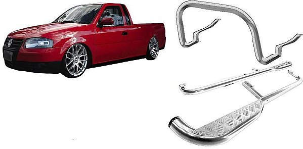 Kit Quebra Mato Estribo Chapa Cromado Saveiro 1998 até 2009