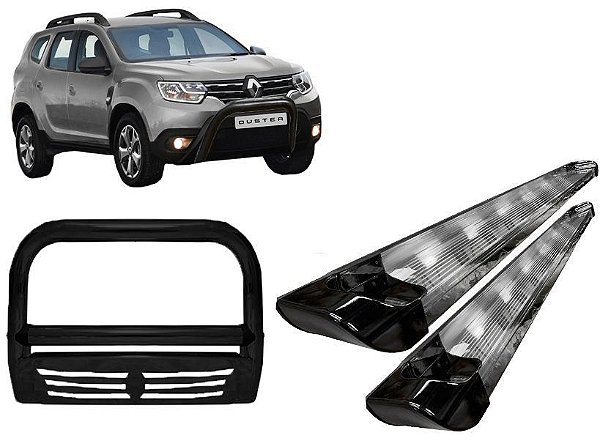 Kit Quebra Mato C/Chapa Estribo Personalizado Preto Brilhante Duster
