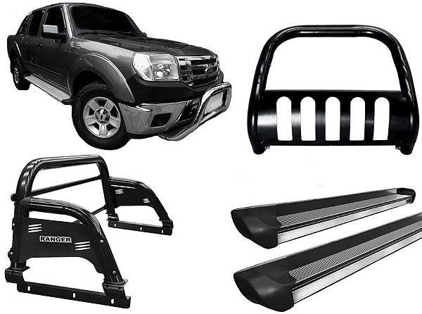 Kit Quebra Mato Estribo Personalizado Santo Antônio H3 Ranger 97/12 Preto