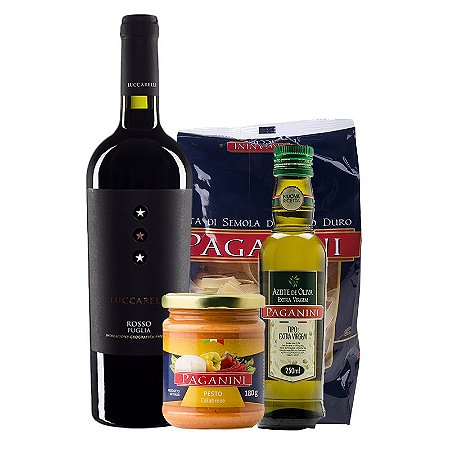 KIt vinho italiano Luccarelli Rosso + massa + azeite + molho Paganini