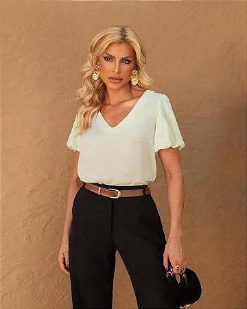 Blusa Decote V Manga Balone Doce Flor
