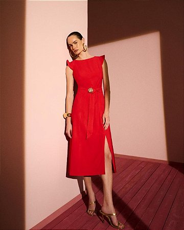 Vestido Midi Twill Com Manga Pespontado Karmani