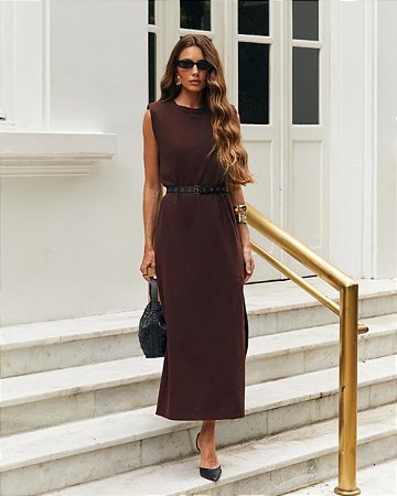 Vestido Midi Com Fenda e Cinto Hirus