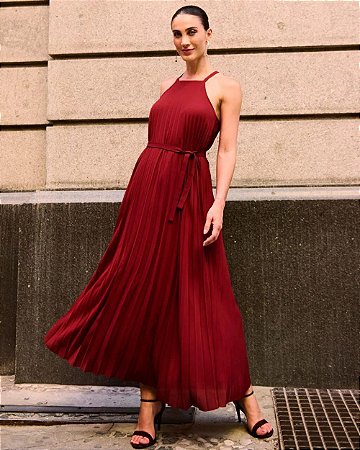 Vestido Longo Plissado Crepe Aramodu