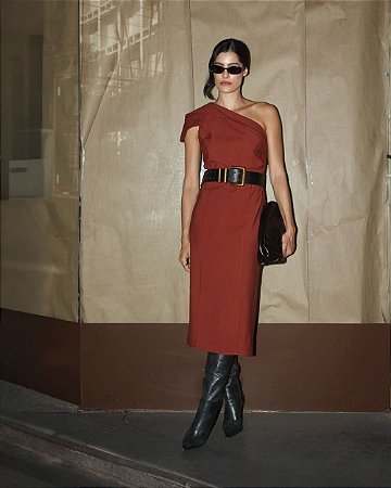Vestido Midi Twill Com Um Ombro Karmani