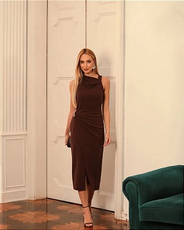 Vestido Midi Drapeado Com Fivela Dourada Donna Ritz