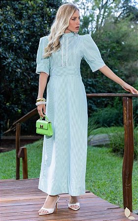 Vestido Midi Tricoline Listras Com Mangas Curtas
