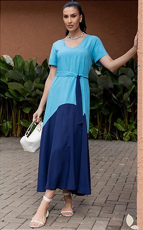 Vestido Midi Viscose Bicolor Decote Redondo e Amarração