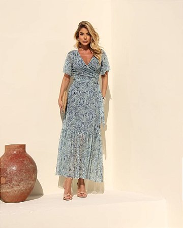 Vestido Midi Tule Transpasse Com Mangas Curtas