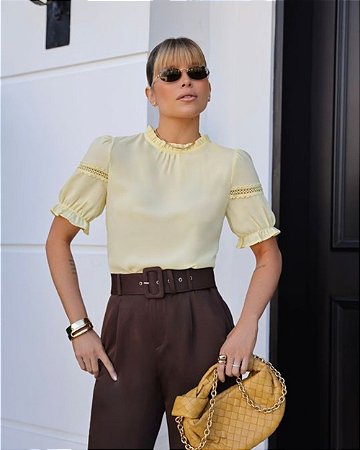 Blusa Em Crepe Manga Com Renda Milalai
