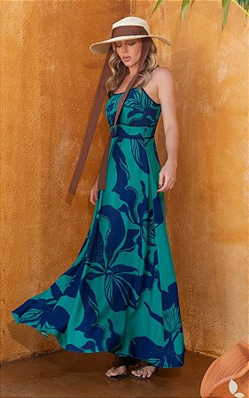 Vestido Midi Viscose Decote Reto Estampado
